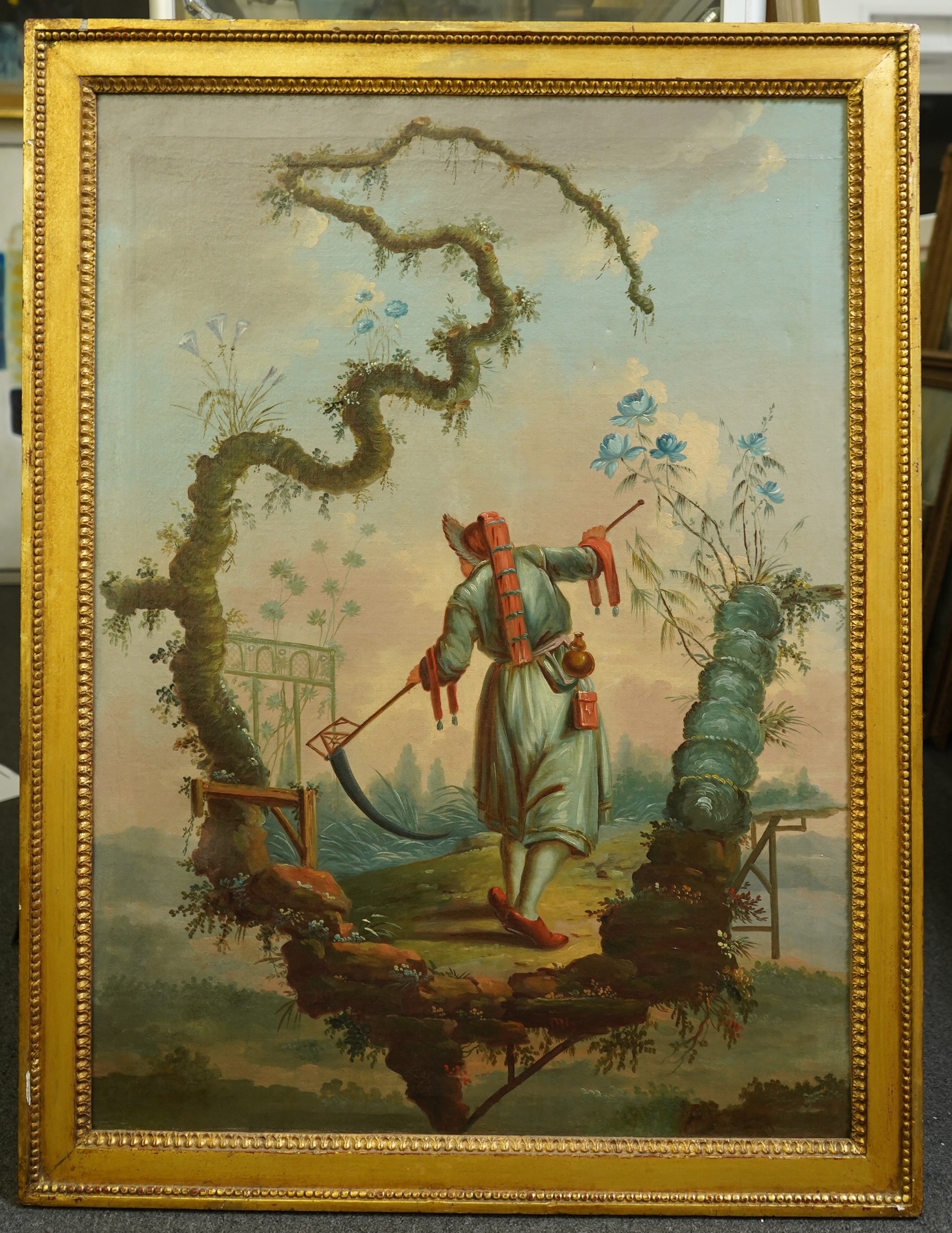 19th century English School , Chinoiserie capriccio with figure holding a scythe, oil on canvas, 97 x 71cm